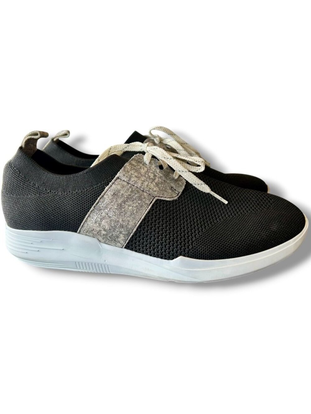 Munro Sandi Black Silver Comfort Sneakers Silver Leather Tie Shoes Stretch
